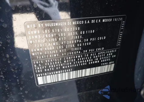 2021 Volkswagen Tiguan 2.0T S z USA, uszkodzony, nr VIN 3VV1B7AX5MM025497